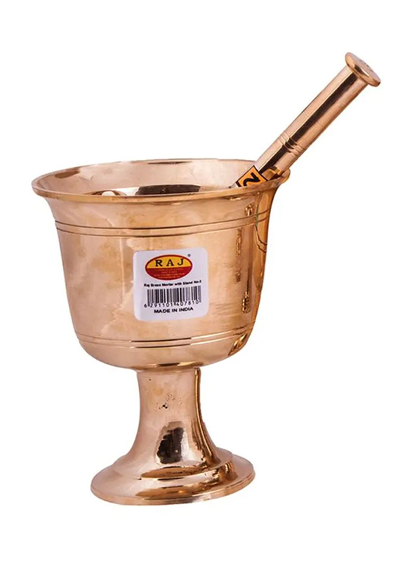 Raj 12.5cm Brass Mortar With Stand, Gold
