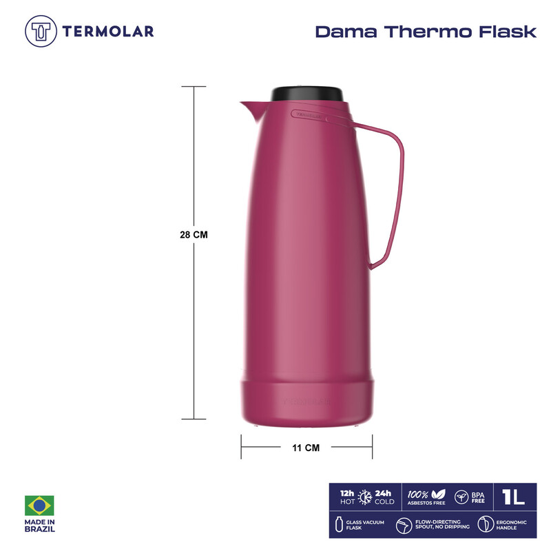 TERMOLAR DAMAGLASS VACCUM FLASK , Heavy Duty and High Quality , Easy to pour and easy to clean Spout , Thermal Insulation , For Everyday Use , For Indoor and Outdoor Use PINK DEEP 1 LTR, TR57842