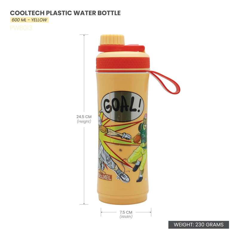 SELVEL COOLTECH PLASTIC WATER BOTTLE YELLOW, PWB013, 600ML
