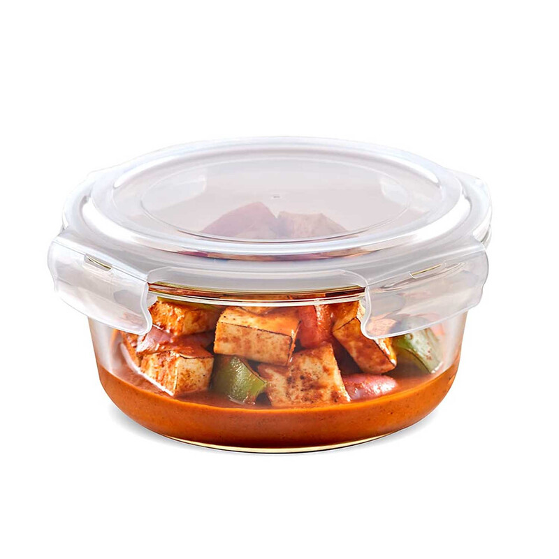 BOROSIL KLIP-N-STORE ROUND GLASS STORAGE CONTAINER WITH AIR TIGHT LID FOOD STORAGE CONTAINER MICROWAVE SAFE CONTAINER 400 ML