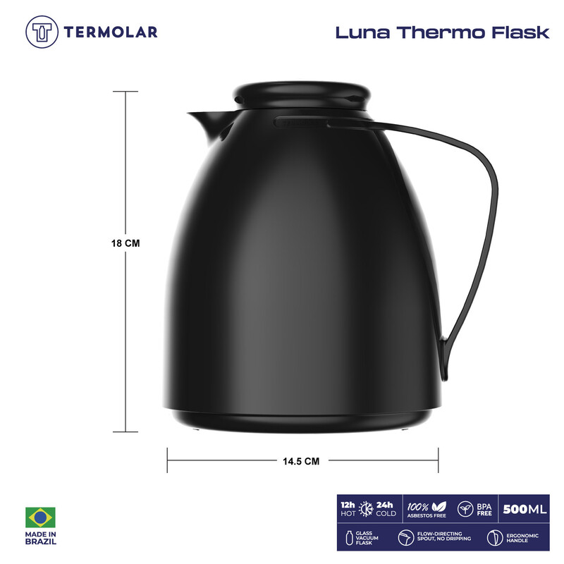 TERMOLAR LUNA GLASS VACCUM FLASK , Heavy Duty and High Quality , Easy to pour and easy to clean Spout , Thermal Insulation , For Everyday Use , For Indoor and Outdoor Use BLACK 500ML, TR57831