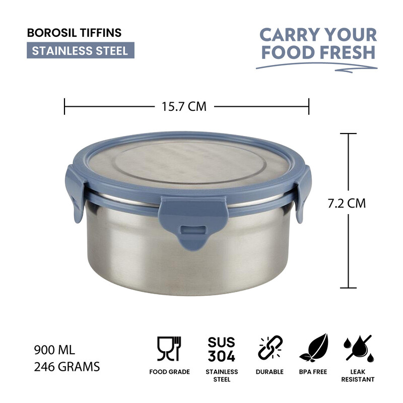 Borosil Stainless Steel Lunch Box, Leak-proof Lunch Box with Grey Lid, Round Lunch Container for School & Office, 900 ml