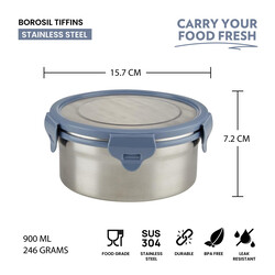 Borosil Stainless Steel Lunch Box, Leak-proof Lunch Box with Grey Lid, Round Lunch Container for School & Office, 900 ml