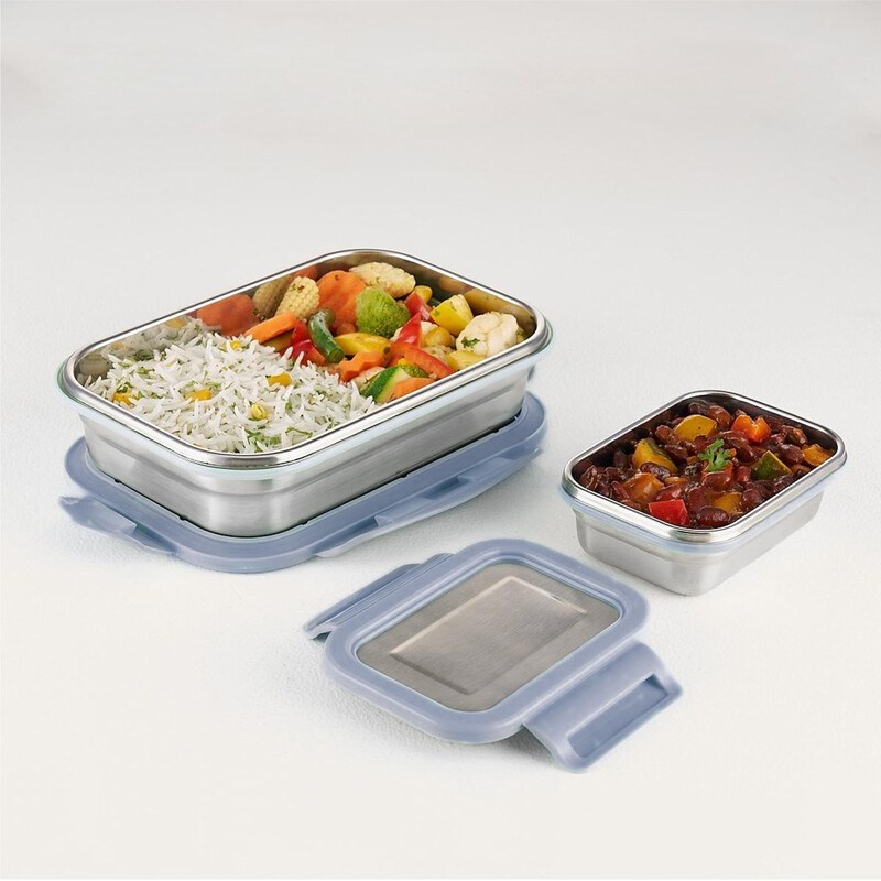 Borosil Stainless Steel Lunch Box, Set of 2, Leak-proof Lunch Boxes with Grey Lids, Rectangular Lunch Containers for School & Office, 800 ml & 200 ml