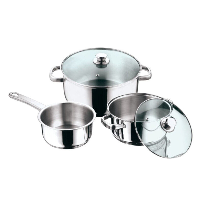 

VINOD STAINLESS STEEL 5 PC COOKWARE SET, VICS05, SAUCEPAN 16CM WITHOUT LID, CASSEROLE 20CM WITH GLASS LID CASSEROLE 24CM WITH GLASS LID