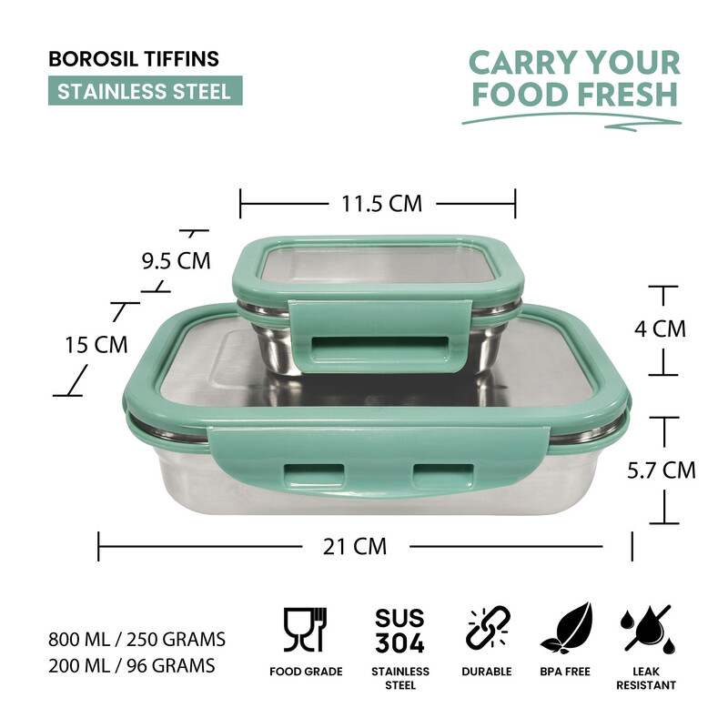 Borosil Stainless Steel Lunch Box, Set of 2, Leak-proof Lunch Boxes with Green Lids, Rectangular Lunch Containers for School & Office, 800 ml & 200 ml