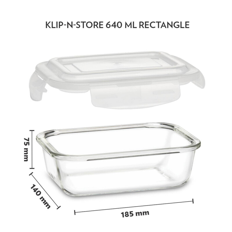 BOROSIL KLIP-N-STORE RECTANGULAR GLASS STORAGE CONTAINER WITH AIR TIGHT LID FOOD STORAGE CONTAINER MICROWAVE SAFE CONTAINER 640 ML