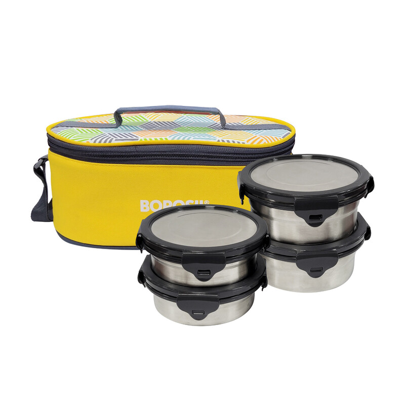 Borosil Sunshine Yellow Stainless Steel Lunch Box, Set of 4 Containers with Horizontal Lunch Bag, Leak-proof Lunch Box with Grey Lid, Round Lunch Container for School & Office, 400 ml x 2 + 250 ml x2