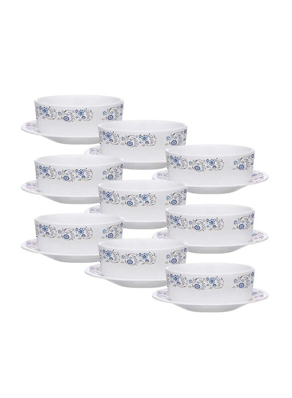 

Borosil 18-Piece Larah Mist Opal Soup Set for 9, White/Blue