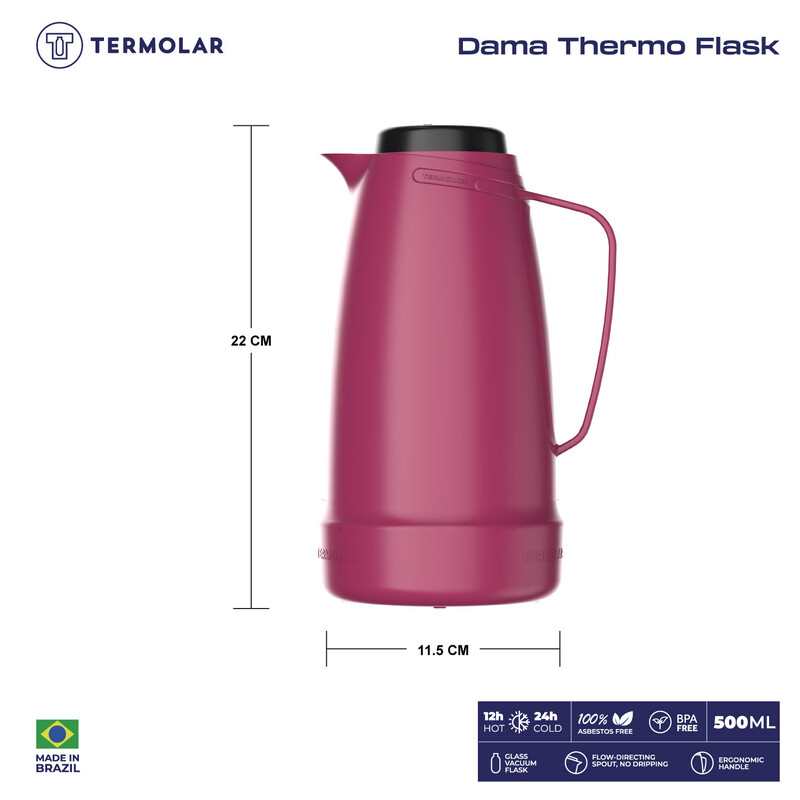 TERMOLAR DAMA GLASS VACCUM FLASK , Heavy Duty and High Quality , Easy to pour and easy to clean Spout , Thermal Insulation , For Everyday Use , For Indoor and Outdoor Use PINK DEEP 500ML, TR57837