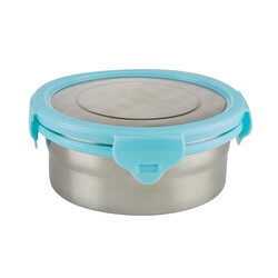 Borosil Stainless Steel Lunch Box,  Leak-proof Lunch Box with Blue Lid, Round Lunch Container for School & Office, 400 ml