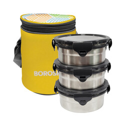 Borosil Sunshine Yellow Stainless Steel Lunch Box, Set of 3 Containers with Lunch Bag, Leak-proof Lunch Box with Grey Lid, Round Lunch Container for School & Office, 400 ml x 3