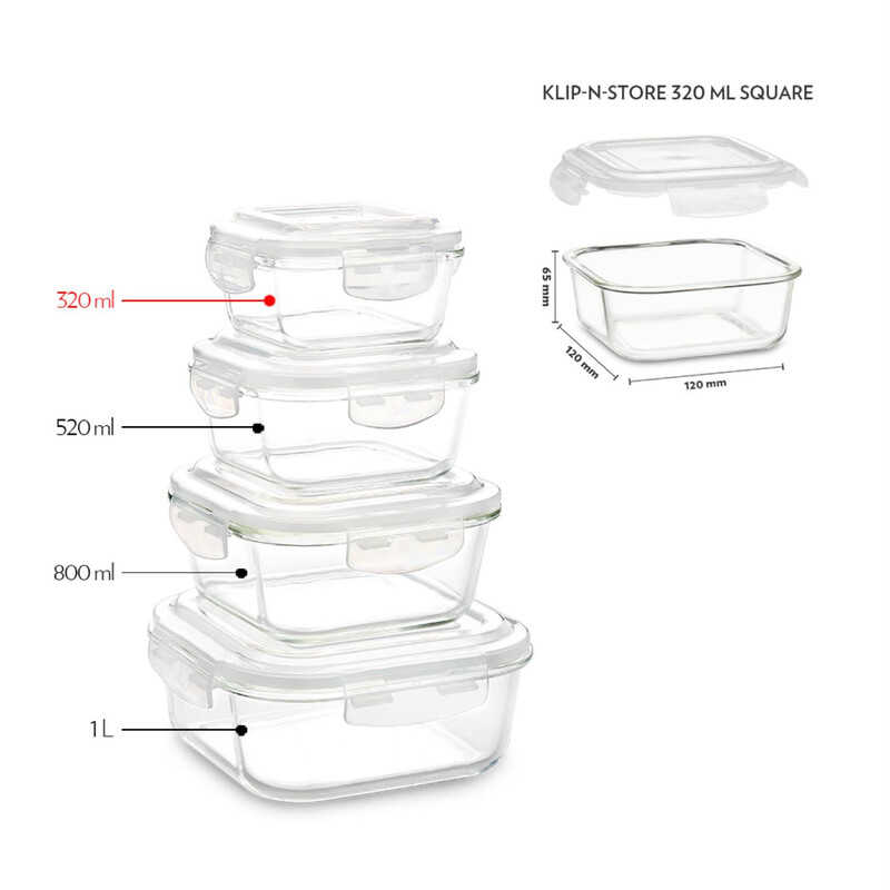 BOROSIL KLIP-N-STORE SQUARE GLASS STORAGE CONTAINER WITH AIR TIGHT LID FOOD STORAGE CONTAINER MICROWAVE SAFE CONTAINER 320 ML