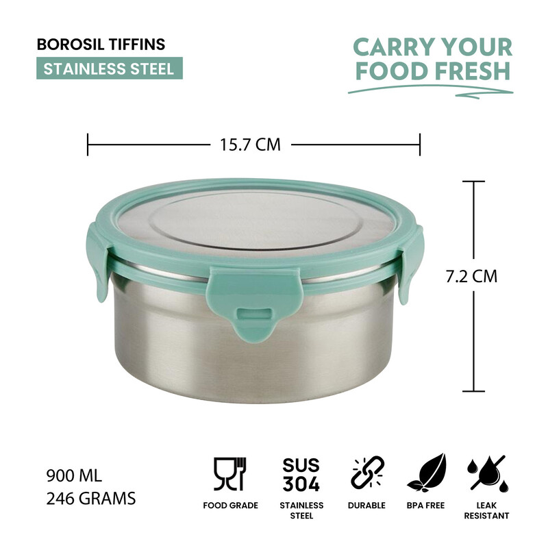 Borosil Stainless Steel Lunch Box, Leak-proof Lunch Box with Green Lid, Round Lunch Container for School & Office, 900 ml