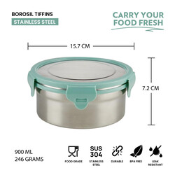 Borosil Stainless Steel Lunch Box, Leak-proof Lunch Box with Green Lid, Round Lunch Container for School & Office, 900 ml