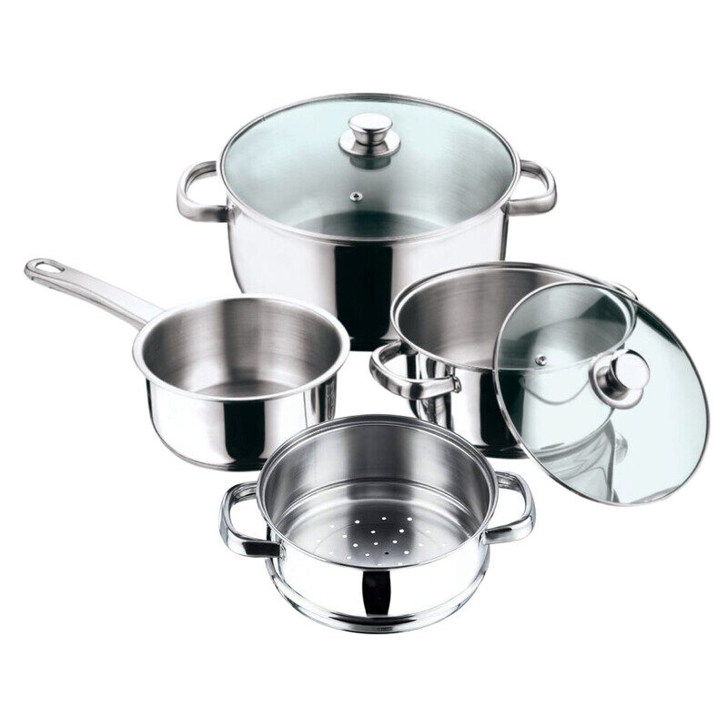 

VINOD STAINLESS STEEL 6 PC COOKWARE SET WITH STEAMER, VICS06, SAUCEPAN 16CM WITHOUT LID CASSEROLE 20 & 24CM WITH GLASS LID, STEAMER INSERT 20CM