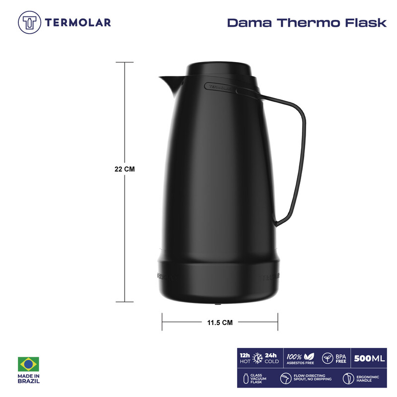 TERMOLAR DAMAGLASS VACCUM FLASK , Heavy Duty and High Quality , Easy to pour and easy to clean Spout , Thermal Insulation , For Everyday Use , For Indoor and Outdoor Use BLACK 500ML, TR57835