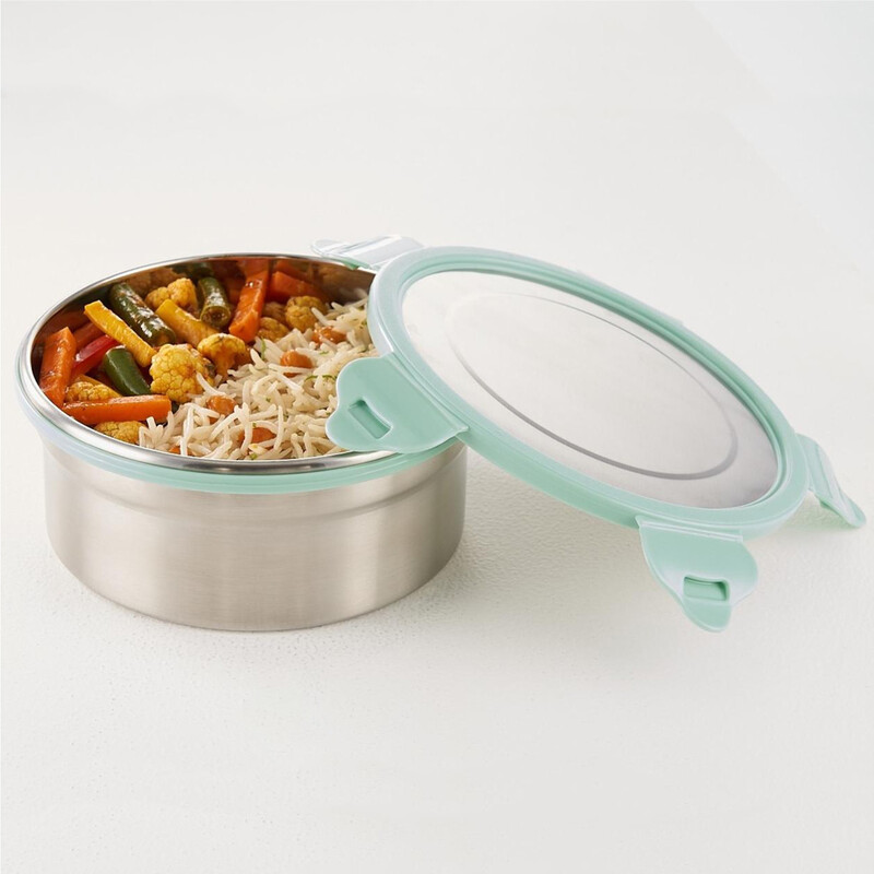 Borosil Stainless Steel Lunch Box, Leak-proof Lunch Box with Green Lid, Round Lunch Container for School & Office, 900 ml