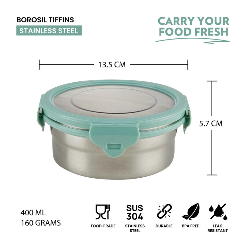 Borosil Stainless Steel Lunch Box, Leak-proof Lunch Box with Green Lid, Round Lunch Container for School & Office, 400 ml