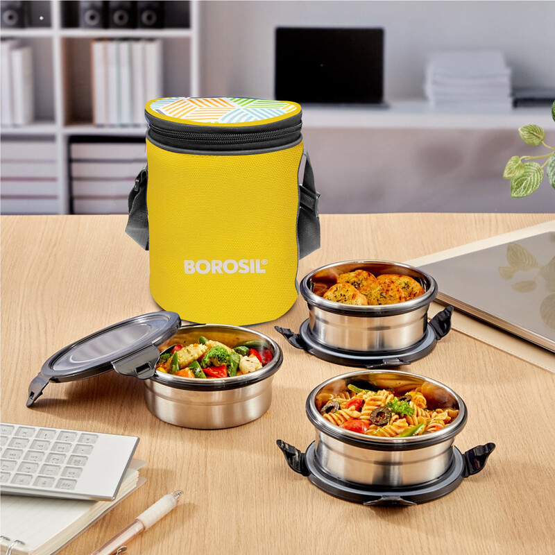 Borosil Sunshine Yellow Stainless Steel Lunch Box, Set of 3 Containers with Lunch Bag, Leak-proof Lunch Box with Grey Lid, Round Lunch Container for School & Office, 400 ml x 3