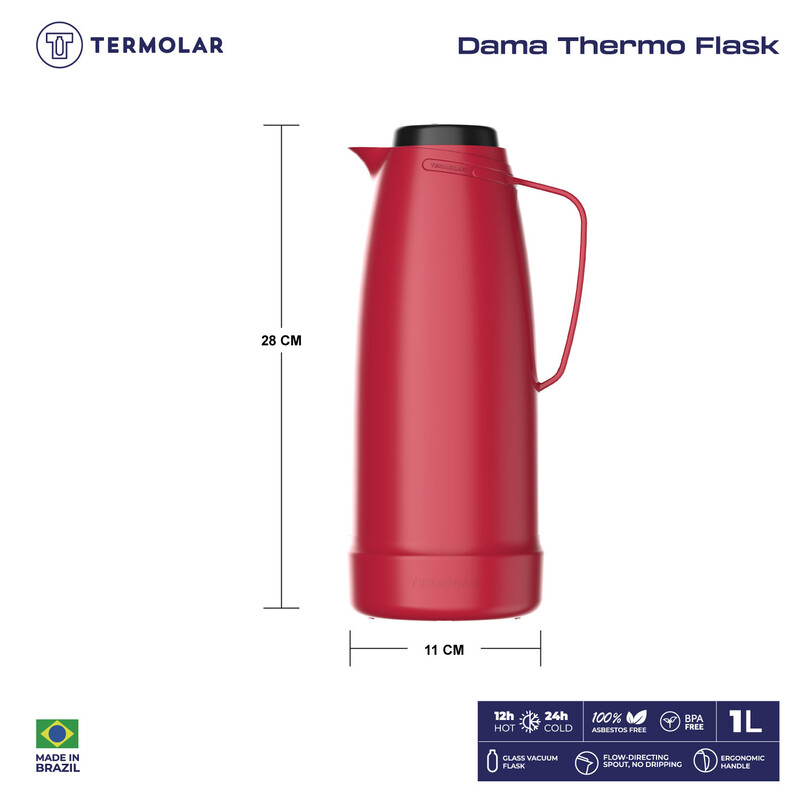 TERMOLAR DAMA GLASS VACCUM FLASK , Heavy Duty and High Quality , Easy to pour and easy to clean Spout , Thermal Insulation , For Everyday Use , For Indoor and Outdoor Use RED 1 LTR, TR57841