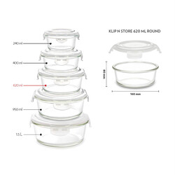 BOROSIL KLIP-N-STORE ROUND GLASS STORAGE CONTAINER WITH AIR TIGHT LID FOOD STORAGE CONTAINER MICROWAVE SAFE CONTAINER 620 ML
