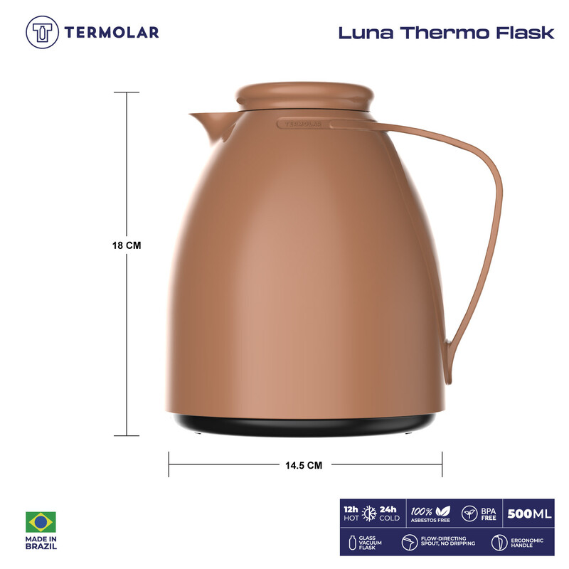 TERMOLAR LUNA GLASS VACCUM FLASK , Heavy Duty and High Quality , Easy to pour and easy to clean Spout , Thermal Insulation , For Everyday Use , For Indoor and Outdoor Use CARAMEL LATTE 500ML, TR57834