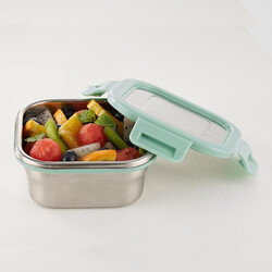 Borosil Stainless Steel Lunch Box, Leak-proof Lunch Box with Green Lid, Square Lunch Container for School & Office, 400 ml