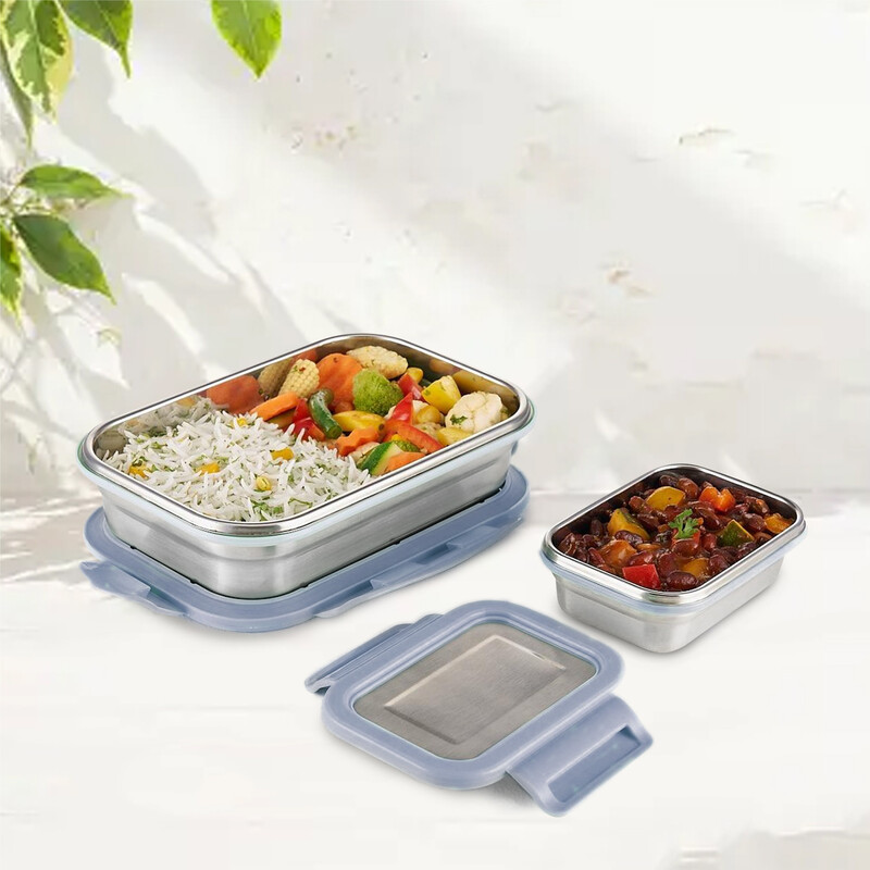 Borosil Stainless Steel Lunch Box, Set of 2, Leak-proof Lunch Boxes with Grey Lids, Rectangular Lunch Containers for School & Office, 800 ml & 200 ml