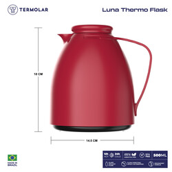 TERMOLAR LUNA GLASS VACCUM FLASK , Heavy Duty and High Quality , Easy to pour and easy to clean Spout , Thermal Insulation , For Everyday Use , For Indoor and Outdoor Use RED  500ML, TR57832