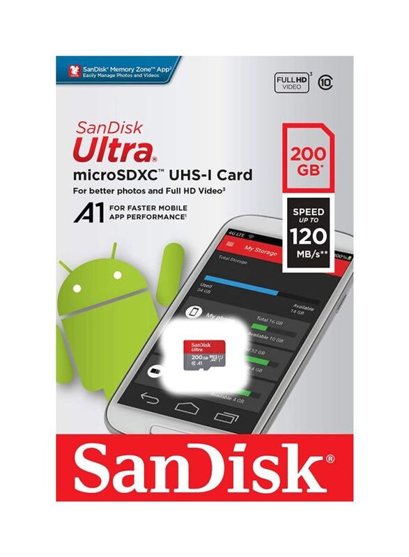 Sandisk 200GB Ultra MicroSDHC 120MB/s Memory Card, Grey/Red