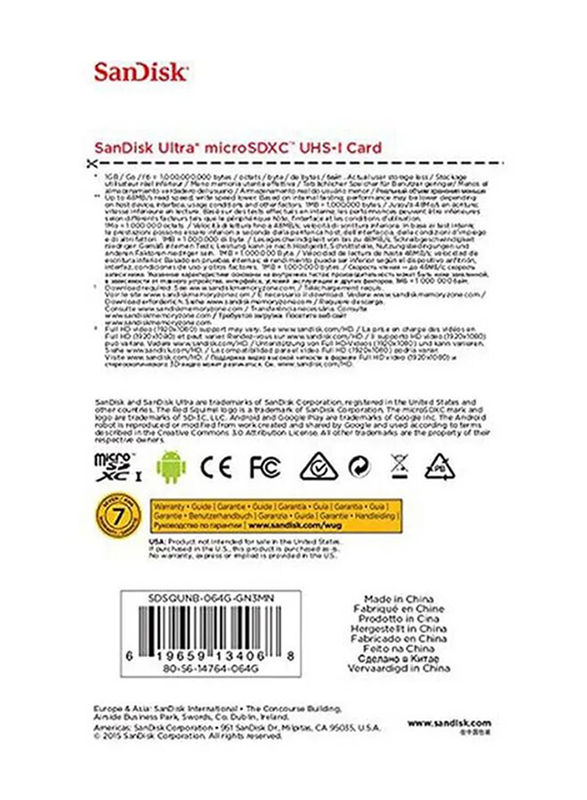 Sandisk 64GB Ultra Class 10 UHS-I MicroSDXC Memory Card, White/Grey