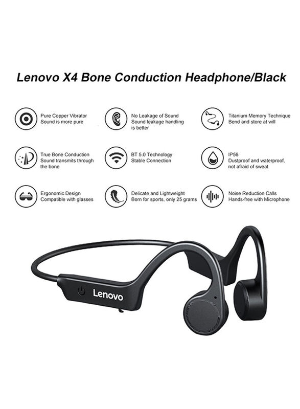 Lenovo X4 Bone Conduction Wireless Over-Ear Headphones, Black