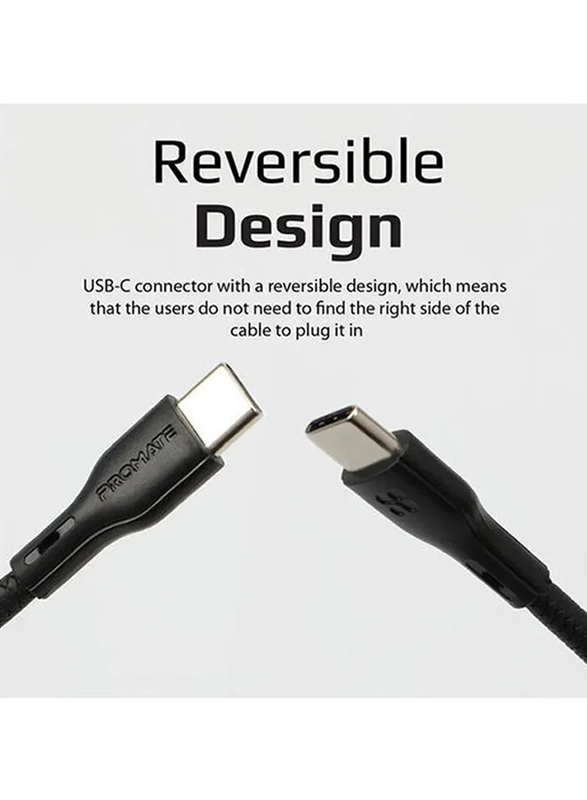 Promate 120cm PowerBeam-CC USB Type C Cable, Ultra-Fast 3A USB Type-C Male to USB Type-C, with 60W Power Delivery for MacBook Pro/Google Pixel XL/Nexus 5X/6P, Black