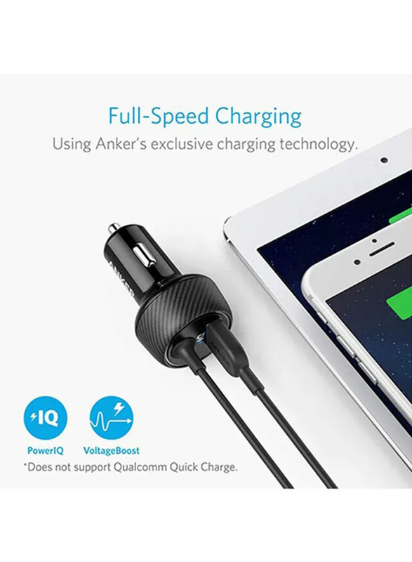 Anker PowerDrive 2 Elite Car Charger with 3-Feet Lightning Connector and USB Port with PowerIQ Technology, Black