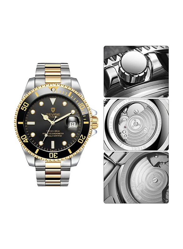Tevise Luminous Alloy Mechanical Watch for Men, Water Resistant, ZS531809, Silver/Gold-Black