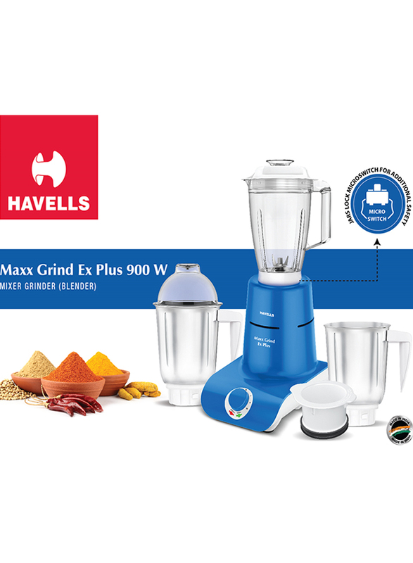 Havells Maxx Grind EX Plus 3 in 1 Mixer Grinder Blender, 900W, Blue