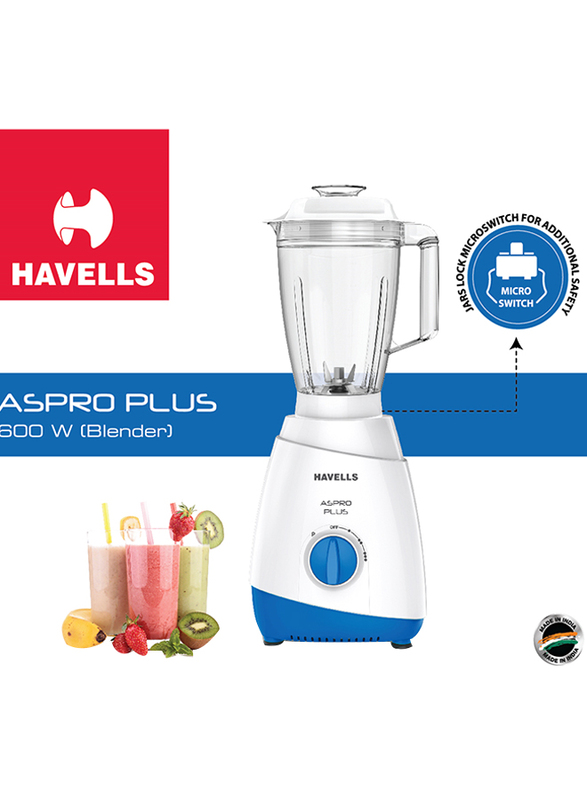 Havells Aspro Plus Blender, 600W, White/Blue