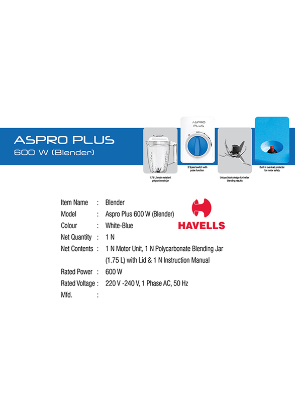 Havells Aspro Plus Blender, 600W, White/Blue
