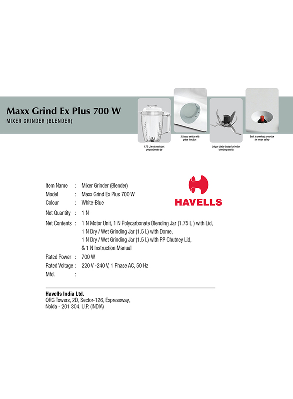 Havells Maxx Grind EX Plus 3 in 1 Mixer Grinder Blender, 700W, White/Grey