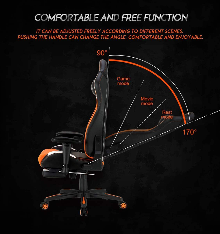 Meetion CHR22 Leather Adjustable Handrail Scalable Footrest Gaming Chair with Comfortable Reclining, Black/Orange