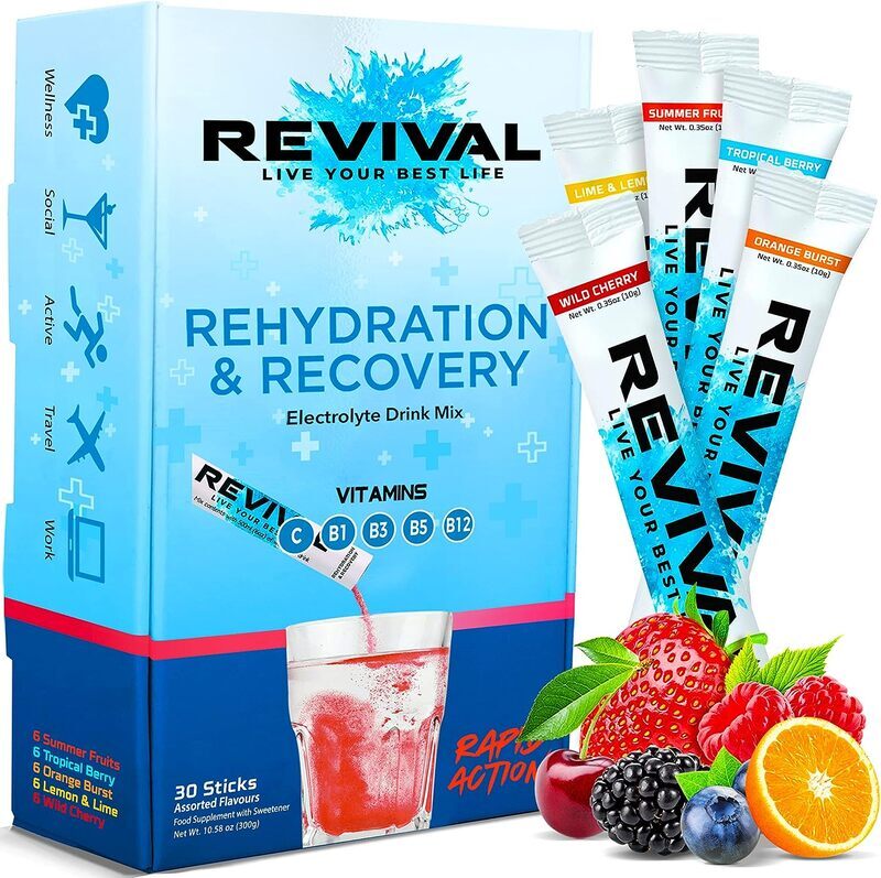 

Revival Rapid Rehydration Electrolytes Powder - High Strength Vitamin C, B1, B3, B5, B12 Supplement Sachet Drink, Effervescent Electrolyte Hydration (