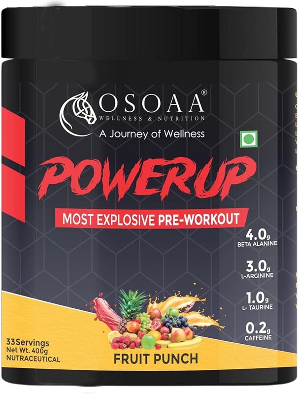 OSOAA Power Up Pre-Workout Supplement (400gm, Fruit Punch) Essential Minerals & L-Arginine for Lean Muscles, Strength & Energy Boost