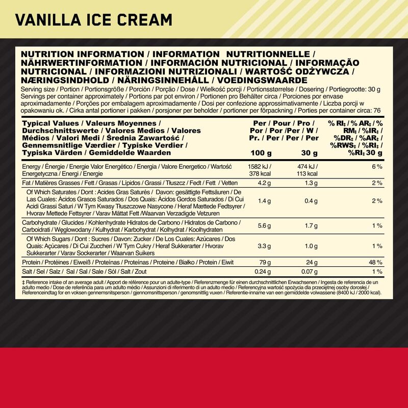 Gold Standard 100% Whey Protein Powder Primary Source Isolate, 24 Grams of Protein for Muscle Support and Recovery - Vanilla Ice Cream, 5 Lbs, 73 Servings (2.27 KG)