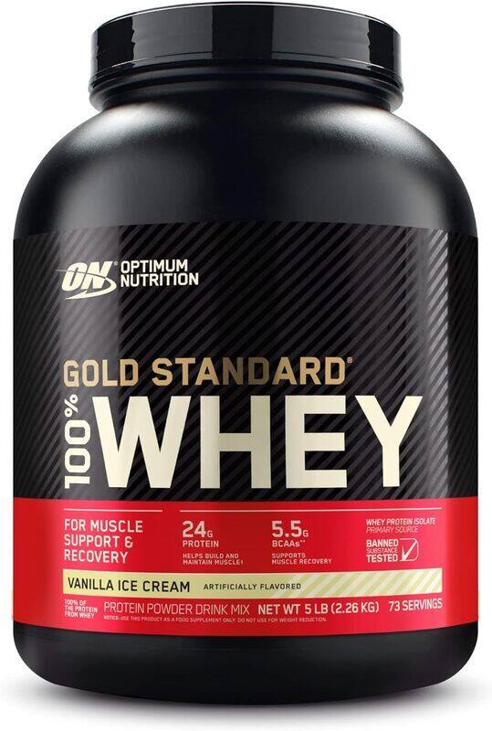 

OPTIMUM NUTRITION Gold Standard 100% Whey Protein Powder Primary Source Isolate, 24 Grams of Protein for Muscle Support and Recovery - Vanilla Ice Cream, 5 Lbs, 73 Serv