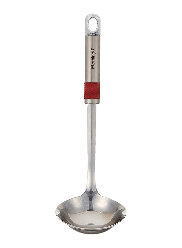 Flamingo 13-inch Stainless Steel Soup Ladle, Red/Silver