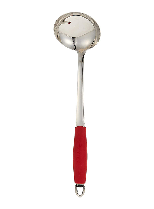 Flamingo 2.5mm Mirror Polish Stainless Steel Ladle, Silver/Red