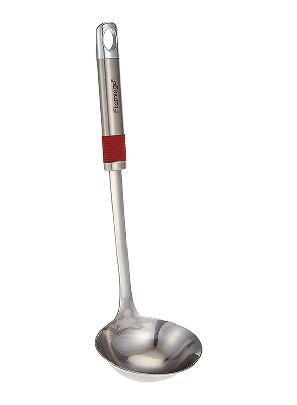 Flamingo 13-inch Stainless Steel Soup Ladle, Red/Silver