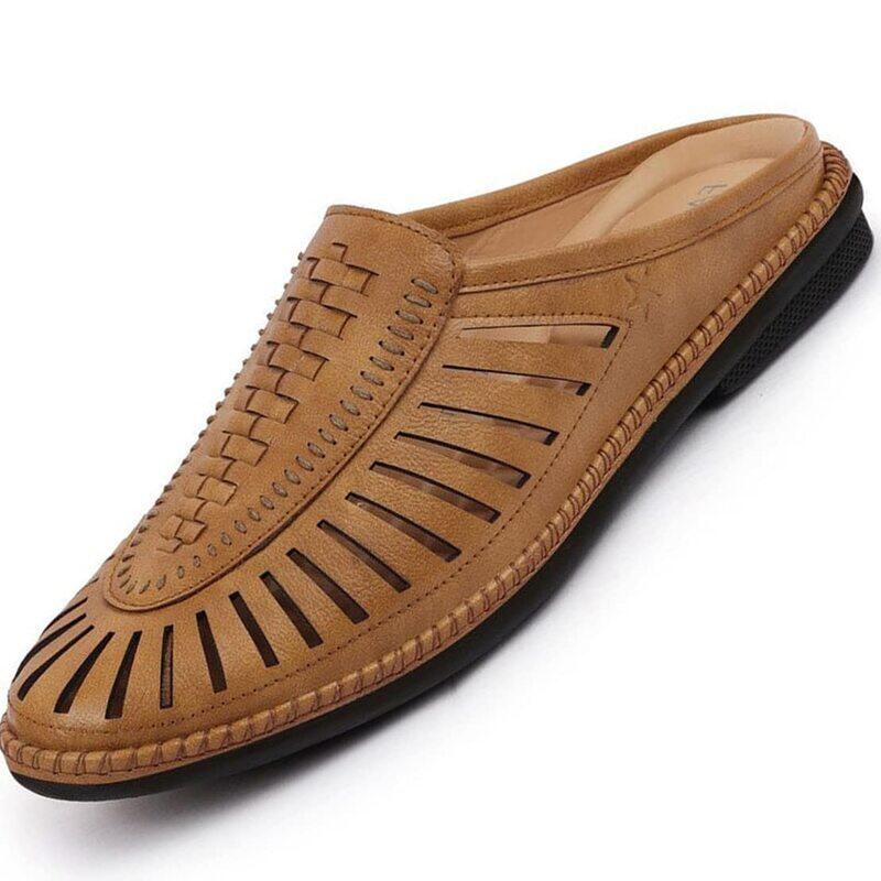 FAUSTO Men Back Open Laser Cut Stitched Ethnic Mojaris for Wedding Party Ethnic Occasions Fashion Outdoor Lightweight Shoes with Rubber Sole (6-12 UK) (Camel, numeric_7)