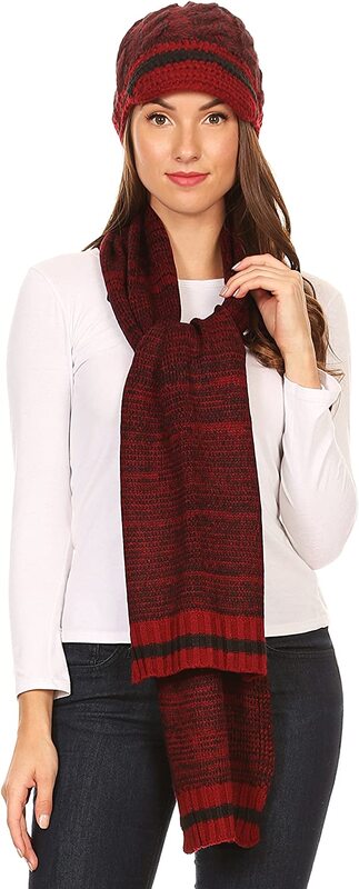 Sakkas Unisex Warm Winter Heather and Stripes Knit Hat & Scarf Set, Red